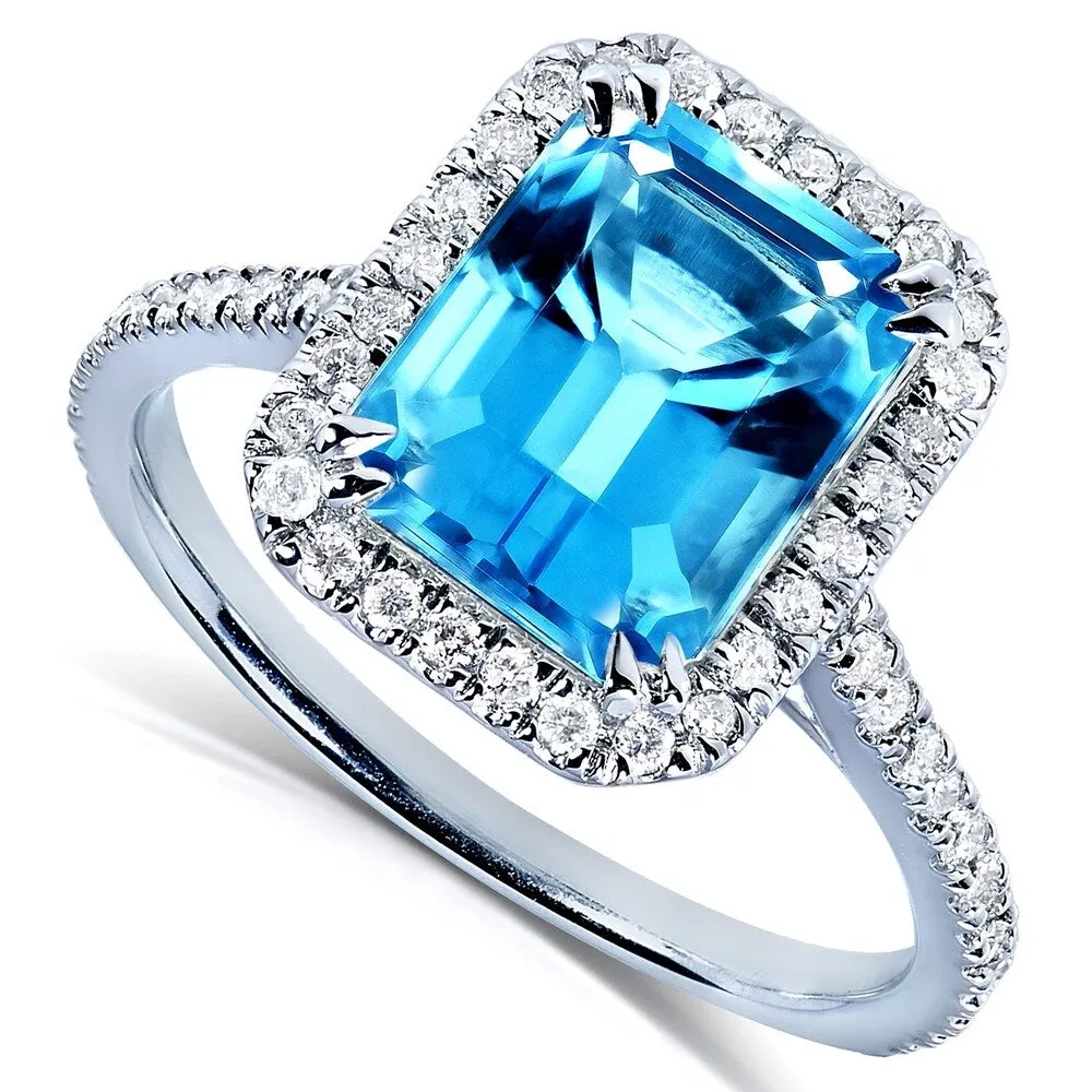 Annello by Kobelli 14k White Gold 3ct TGW Emerald Cut Swiss Blue Topaz and Diamond Halo Gemstone Ring sold by Zulily product image thumbnail 2