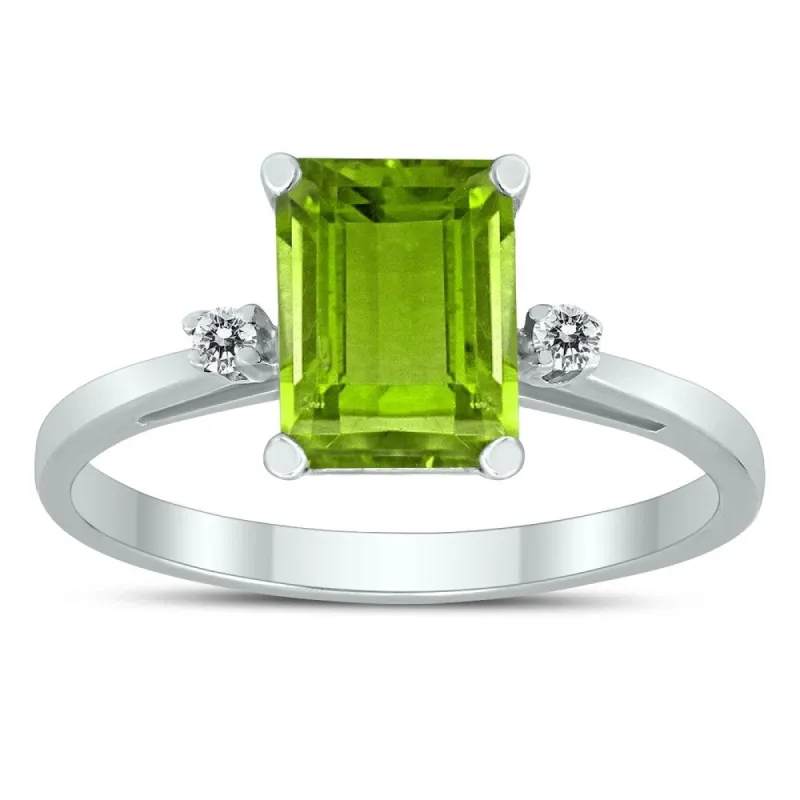 Emerald Cut 8X6MM Peridot and Diamond Three Stone Ring in 10K White Gold sold by Zulily