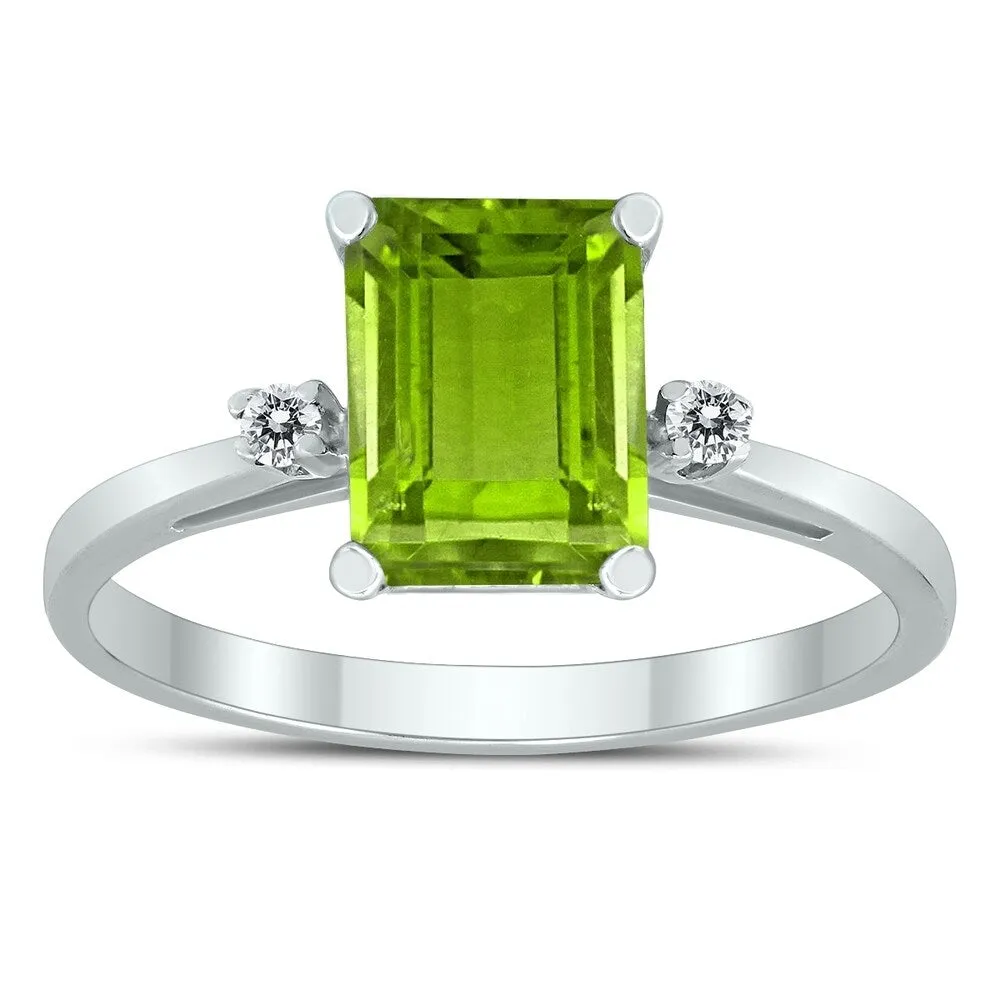 Emerald Cut 8X6MM Peridot and Diamond Three Stone Ring in 10K White Gold sold by Zulily
