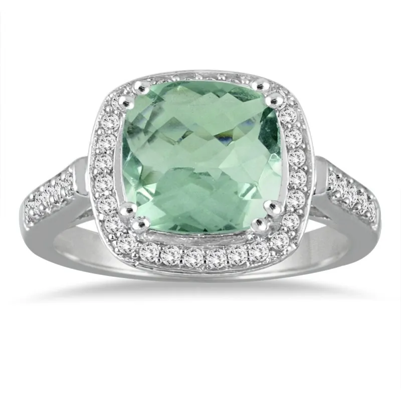 3 1/2 Carat Cushion Cut Green Amethyst and Diamond Ring in 14K White Gold sold by Zulily