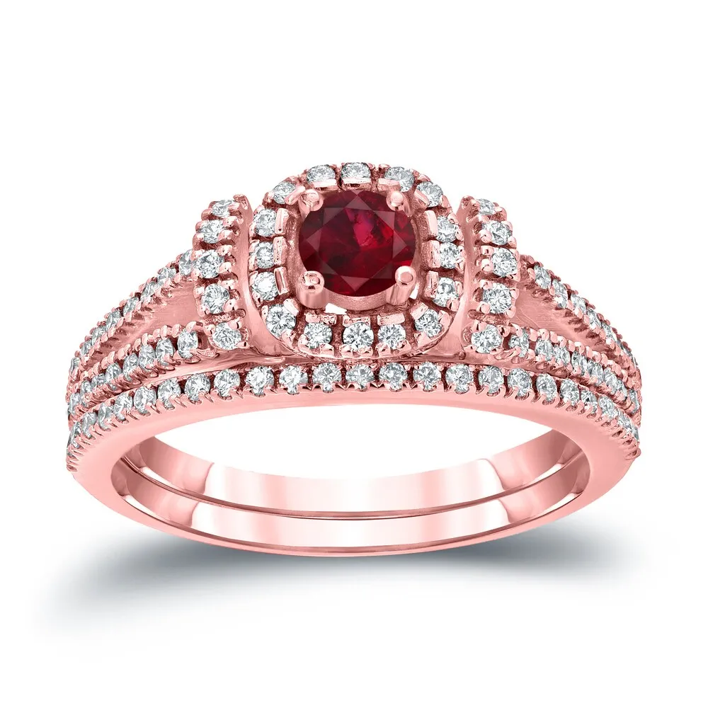 Auriya Modern 1/5ct Red Ruby and 1/2ctw Halo Diamond Engagement Ring Set 14kt Gold sold by Zulily product image thumbnail 3