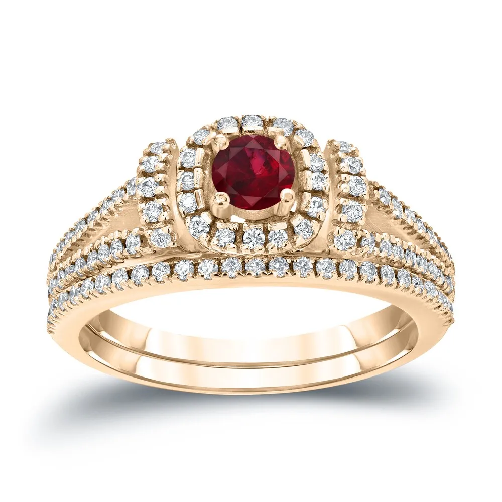 Auriya Modern 1/5ct Red Ruby and 1/2ctw Halo Diamond Engagement Ring Set 14kt Gold sold by Zulily product image thumbnail 2