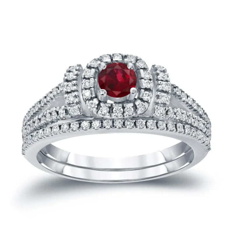 Auriya Modern 1/5ct Red Ruby and 1/2ctw Halo Diamond Engagement Ring Set 14kt Gold sold by Zulily