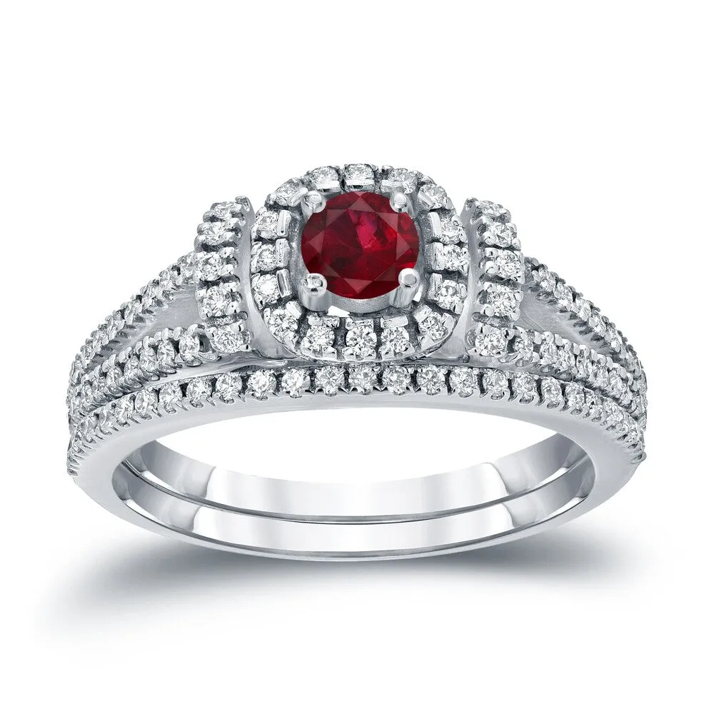 Auriya Modern 1/5ct Red Ruby and 1/2ctw Halo Diamond Engagement Ring Set 14kt Gold sold by Zulily