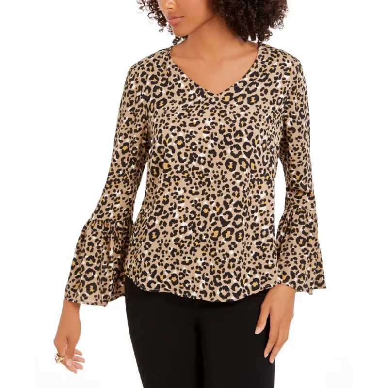 NY Collection Women's Petite Animal-Print Bell-Sleeve Top Brown Size PXS sold by Zulily