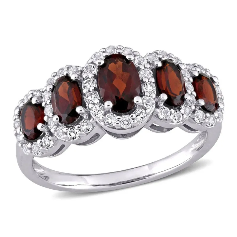 Miadora 10k White Gold Oval-cut Garnet and White Topaz 5-Stone Halo Ring sold by Zulily