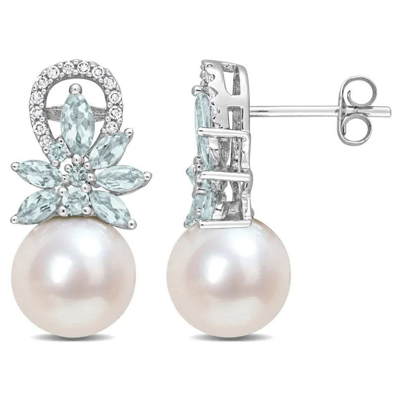 Miadora 1/8 CT Diamond and Aquamarine Freshwater Cultured Pearl Earrings 14k White Gold sold by Zulily