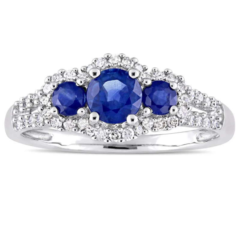 Miadora Signature Collection 10k White Gold Sapphire and 1/4ct TDW Diamond 3-Stone Halo Engagement R - Blue sold by Zulily