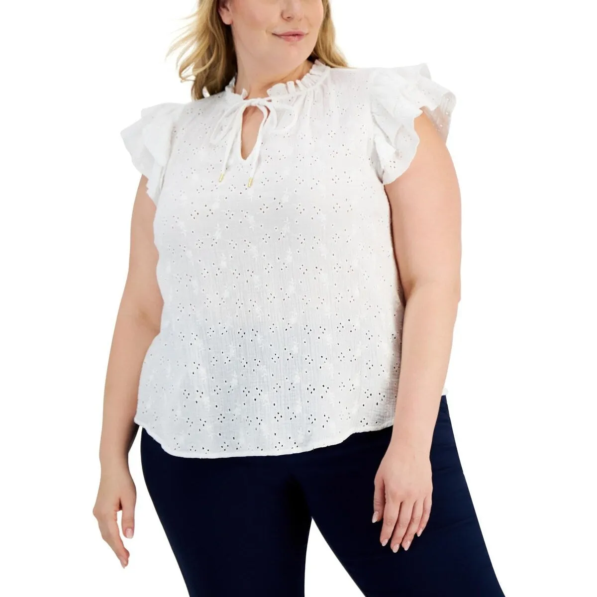 Anne Klein Women's Cotton Eyelet Blouse White Size 0X sold by Zulily