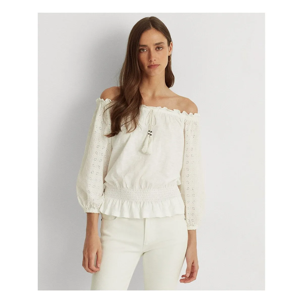 Ralph Lauren Women's Off The Shoulder Jersey Eyelet Top White Size X-Large sold by Zulily