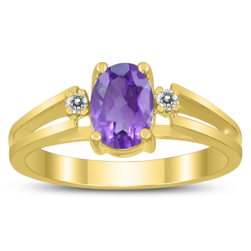 7X5MM Amethyst and Diamond Open Three Stone Ring in 10K Yellow Gold sold by Zulily