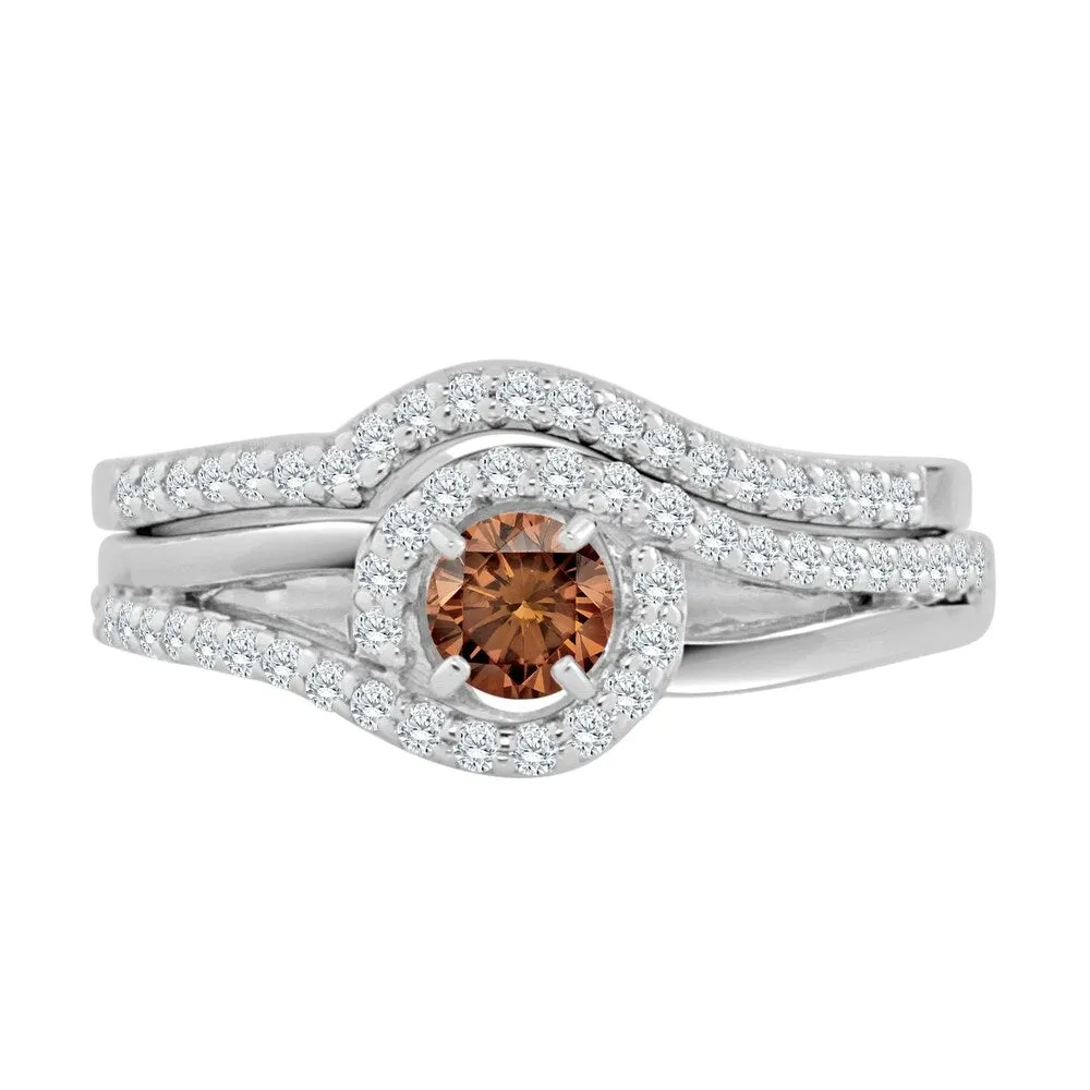 14k Gold Round 1/2ct TDW Brown Diamond Halo Swirl Engagement Ring Set by Auriya sold by Zulily