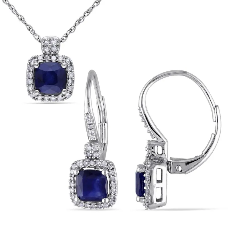 Miadora Signature Collection 10k White Gold Diffused Sapphire 1/3ct TDW Diamond Leverback Earrings and Necklace Set (G-H,I1-I2) made by Zulily