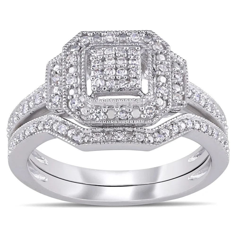 Miadora Sterling Silver 1/4ct TDW Diamond Cluster Square Halo Bridal Ring Set sold by Zulily