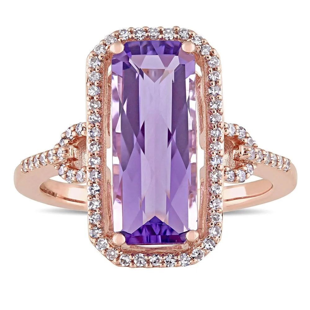 Miadora Signature Collection 14k Rose Gold Emerald-Cut Amethyst and 1/4ct TDW Diamond Halo Cocktail - Purple sold by Zulily
