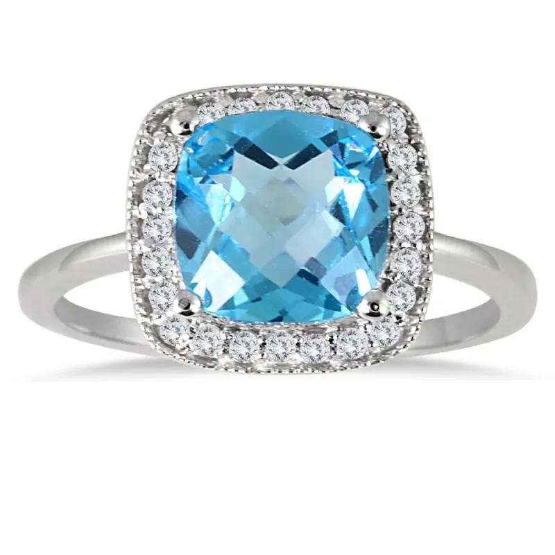 1.70 Carat Cushion Cut Blue Topaz and Diamond Ring in 14K White Gold sold by Zulily