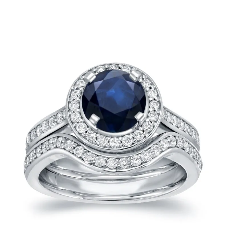 Auriya Round 1ct Sapphire and 1/2ct TDW Diamond Halo and Hearts Engagement Ring Set 14k Gold sold by Zulily