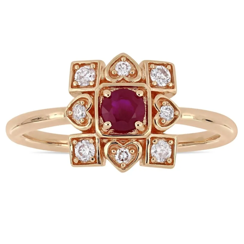Miadora Signature Collection 10k Rose Gold Ruby and 1/5ct TDW Diamond Clustered Square Halo Artisanal Ring sold by Zulily