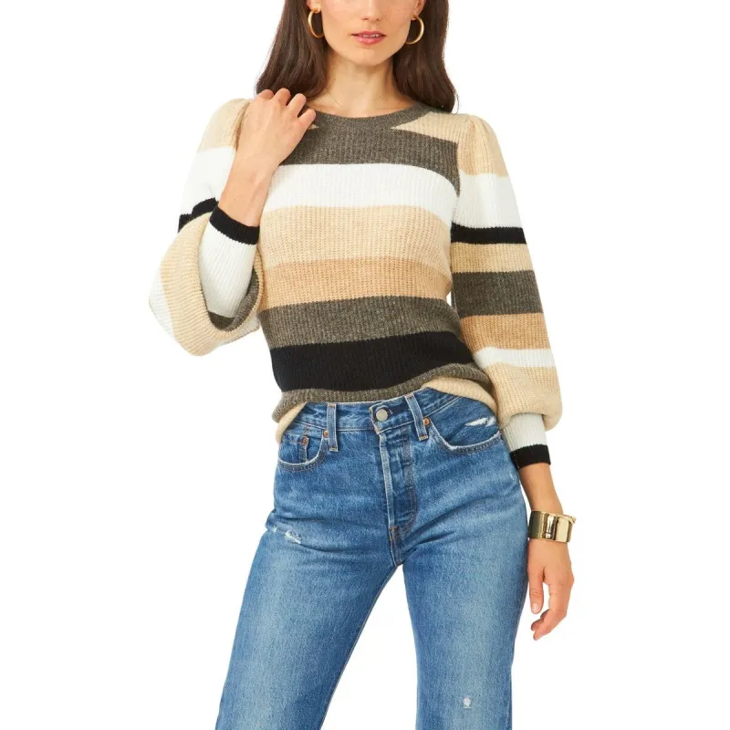 1.STATE Women's Stripe Bubble Sleeve Sweater Brown Size Small sold by Zulily