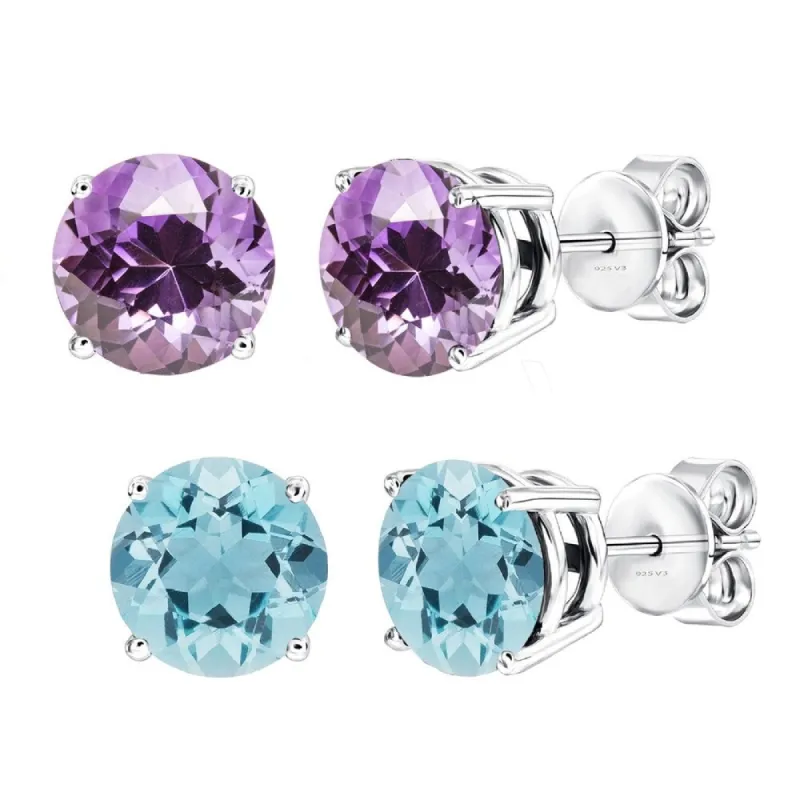 Sterling Silver Set of Two Natural Aquamarine and Amethyst Stud Earrings sold by Zulily