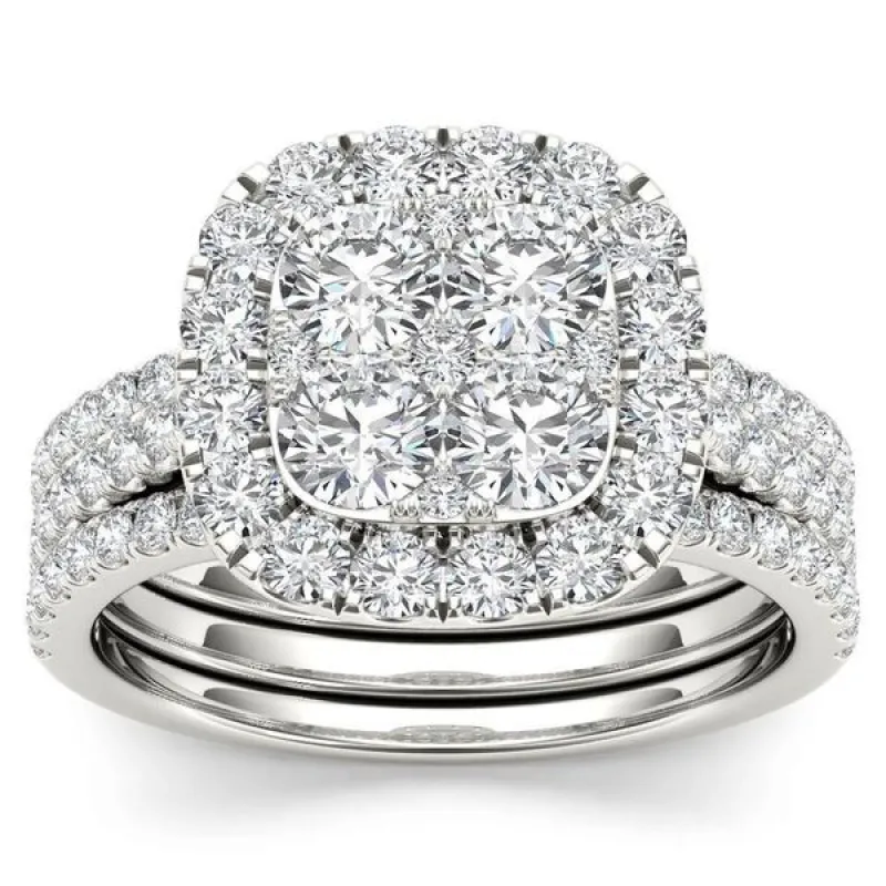De Couer IGI Certified 14k Gold 2ct TDW Diamond Halo Engagement Ring Set with Two Bands sold by Zulily