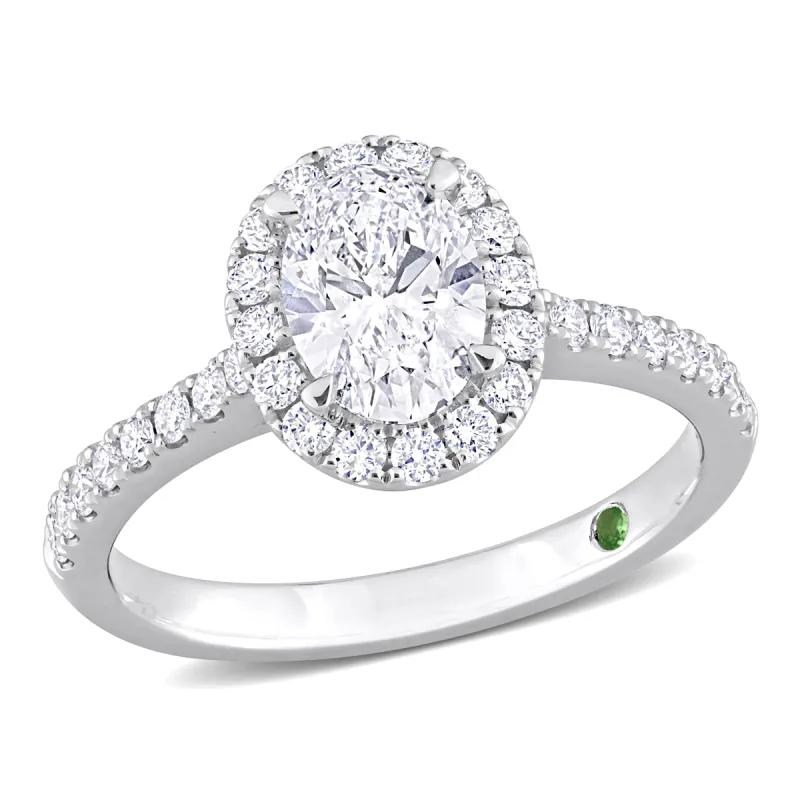 Created Forever 1 1/2ct TDW Oval-Cut Lab-Grown Diamond with Tsavorite Accent Halo Engagement Ring in 14k White Gold sold by Zulily