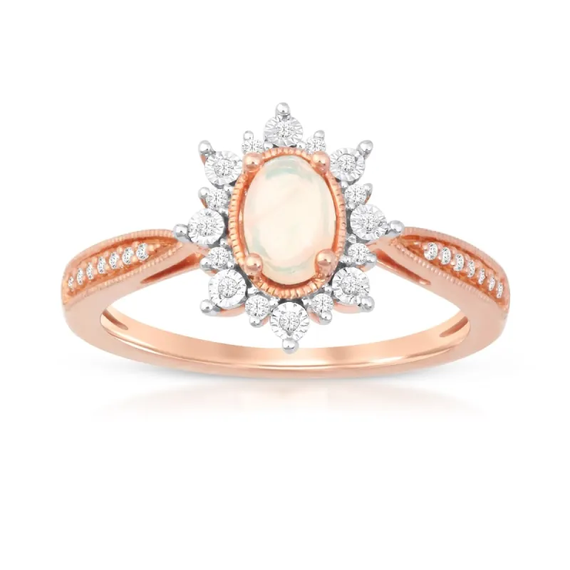 1/10ct TDW Diamond Ethiopian Opal Gemstone Halo Ring in 10k Rose Gold sold by Zulily
