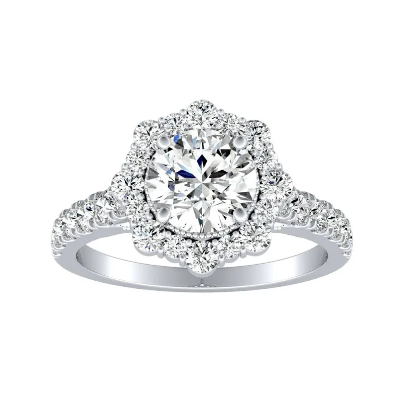 Auriya 14k Gold Vintage Round 2 1/2ct Moissanite and 3/4ctw Halo Diamond Engagement Ring sold by Zulily