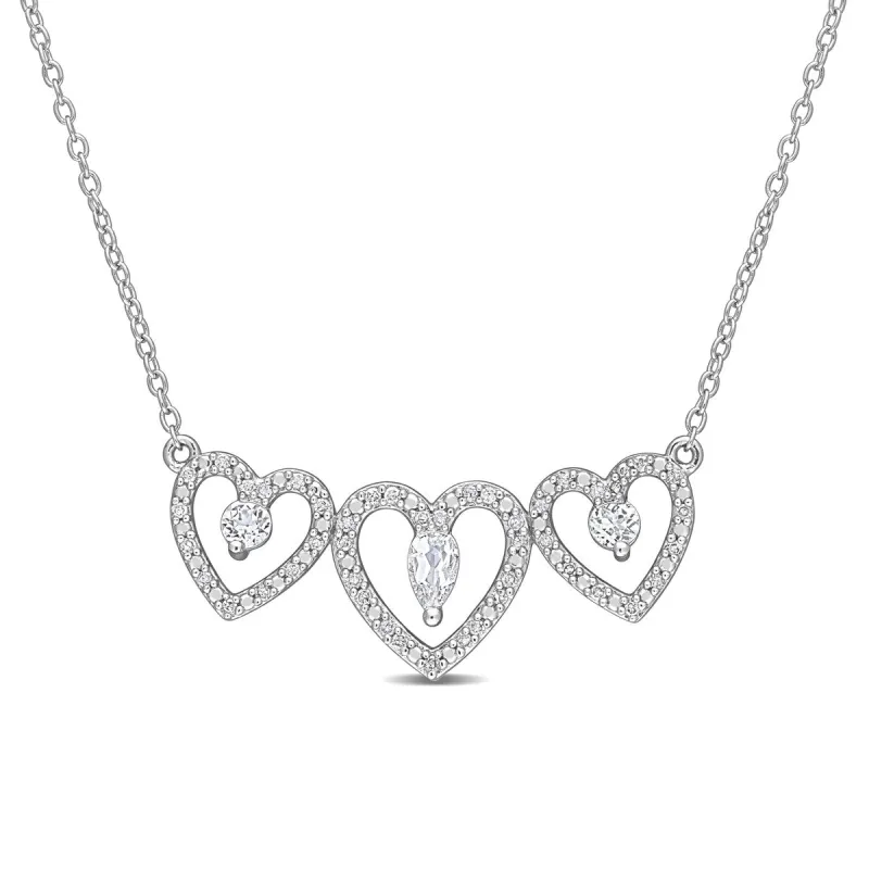 Miadora White Topaz and 1/5ct TDW Diamond Accent Triple Heart Station Necklace in Sterling Silver sold by Zulily