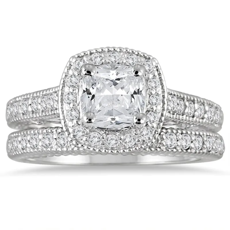 AGS Certified 1 5/8 Carat TW Cushion Diamond Halo Bridal Set in 14K White Gold sold by Zulily