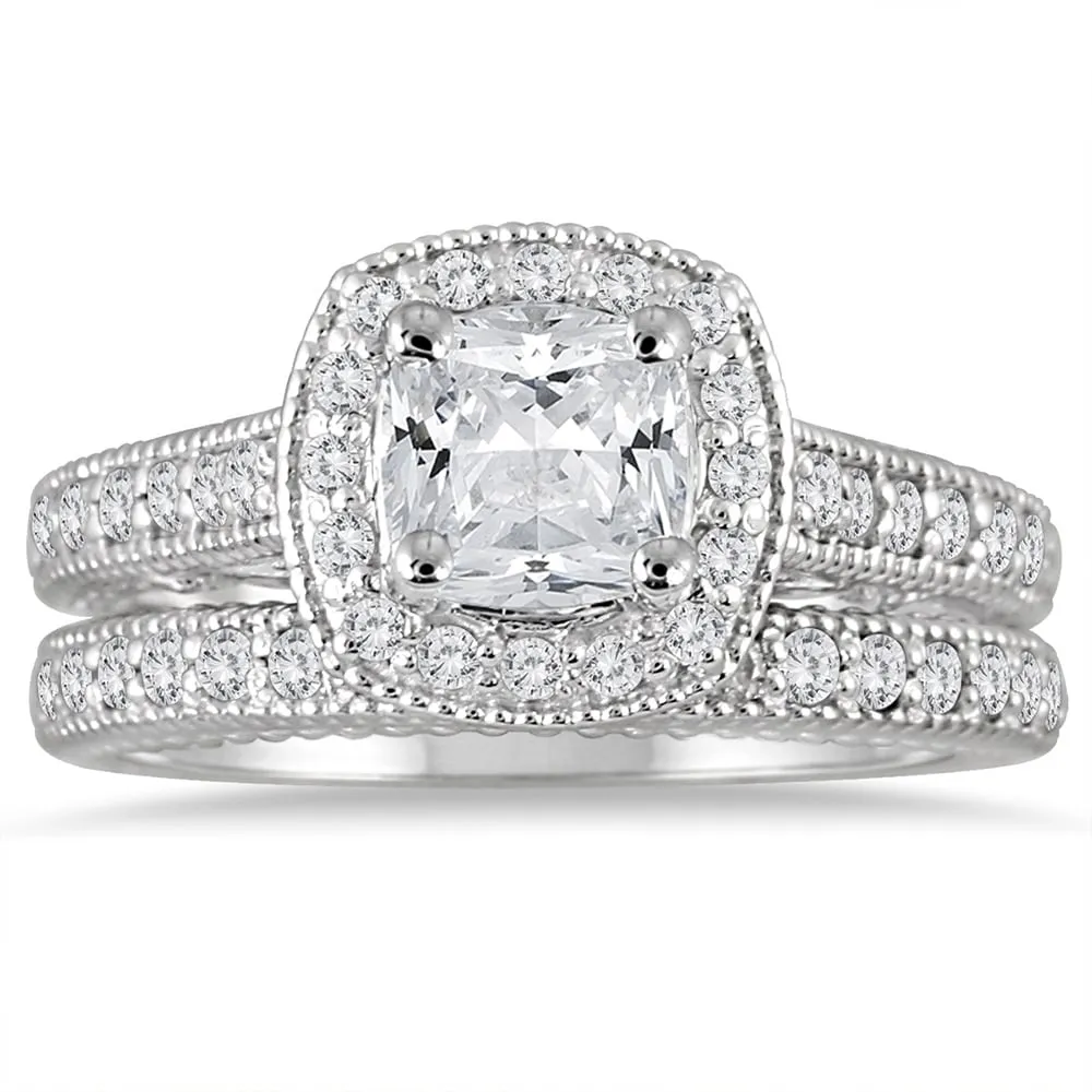 AGS Certified 1 5/8 Carat TW Cushion Diamond Halo Bridal Set in 14K White Gold sold by Zulily