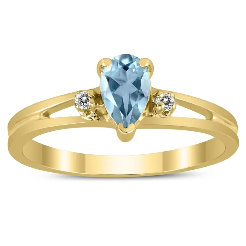 6X4MM Aquamarine and Diamond Pear Shaped Open Three Stone Ring in 10K Yellow Gold sold by Zulily