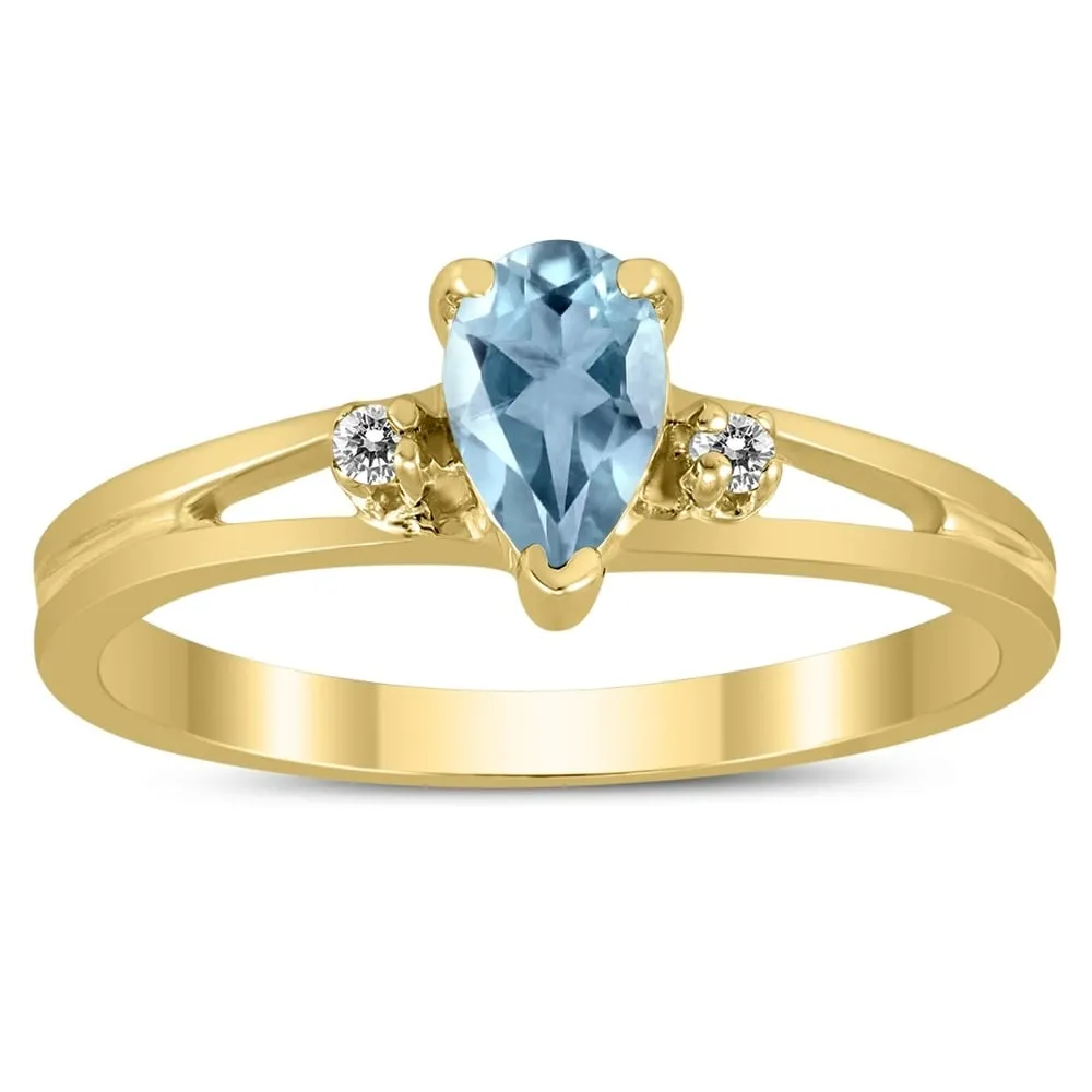 6X4MM Aquamarine and Diamond Pear Shaped Open Three Stone Ring in 10K Yellow Gold sold by Zulily
