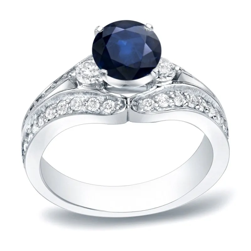 Platinum Round 1/2ct Blue Sapphire and 3/4ct TDW Three Stone Diamond Engagement Ring by Auriya sold by Zulily