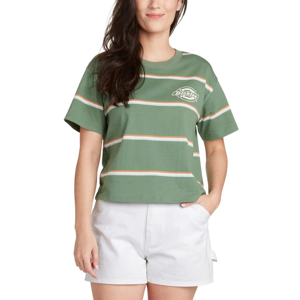 Dickies Juniors' Cotton Striped Cropped T-Shirt Green Size Small sold by Zulily