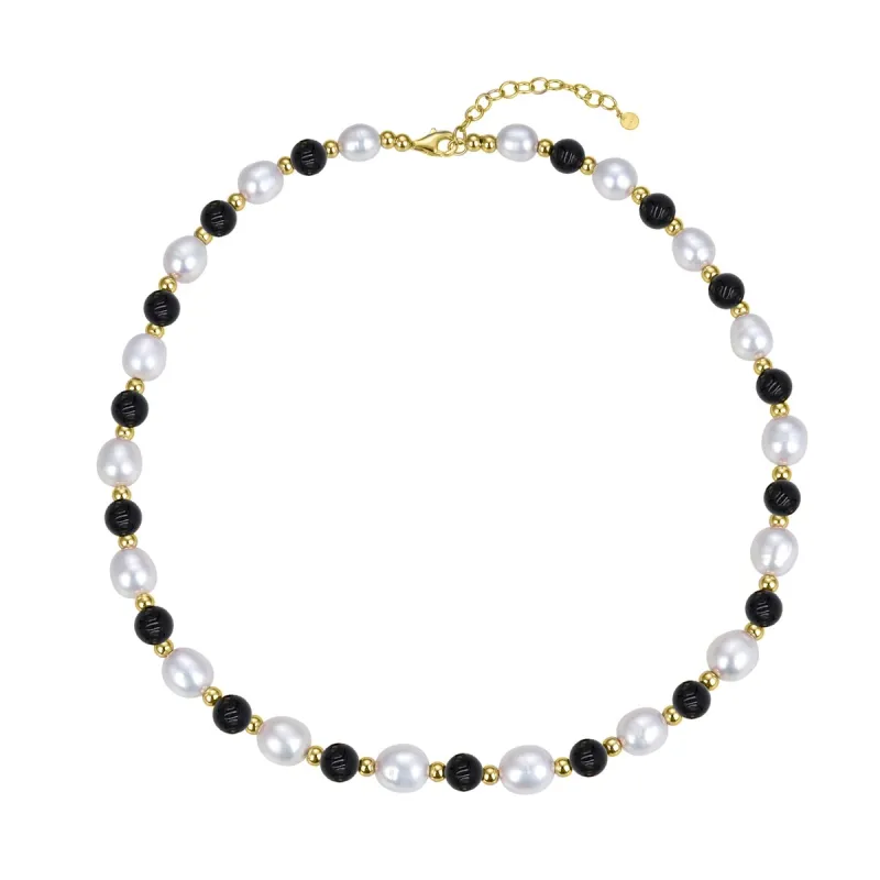 Black Onyx and Freshwater Pearl Beaded Necklace sold by Zulily