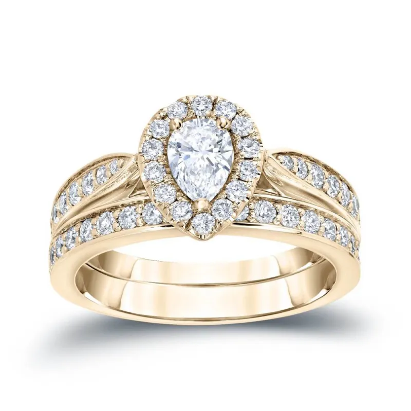 14k Gold 1ct TDW Pear Shaped Diamond Halo Engagement Ring Set by Auriya sold by Zulily