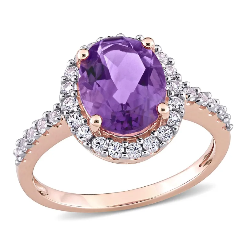 Oval-cut Amethyst and Created White Sapphire Halo Engagement Ring in 10k White Gold by Miadora sold by Zulily