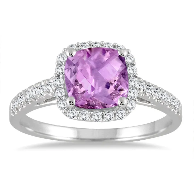 5MM Cushion Cut Amethyst and Diamond Halo Ring in 10K White Gold sold by Zulily