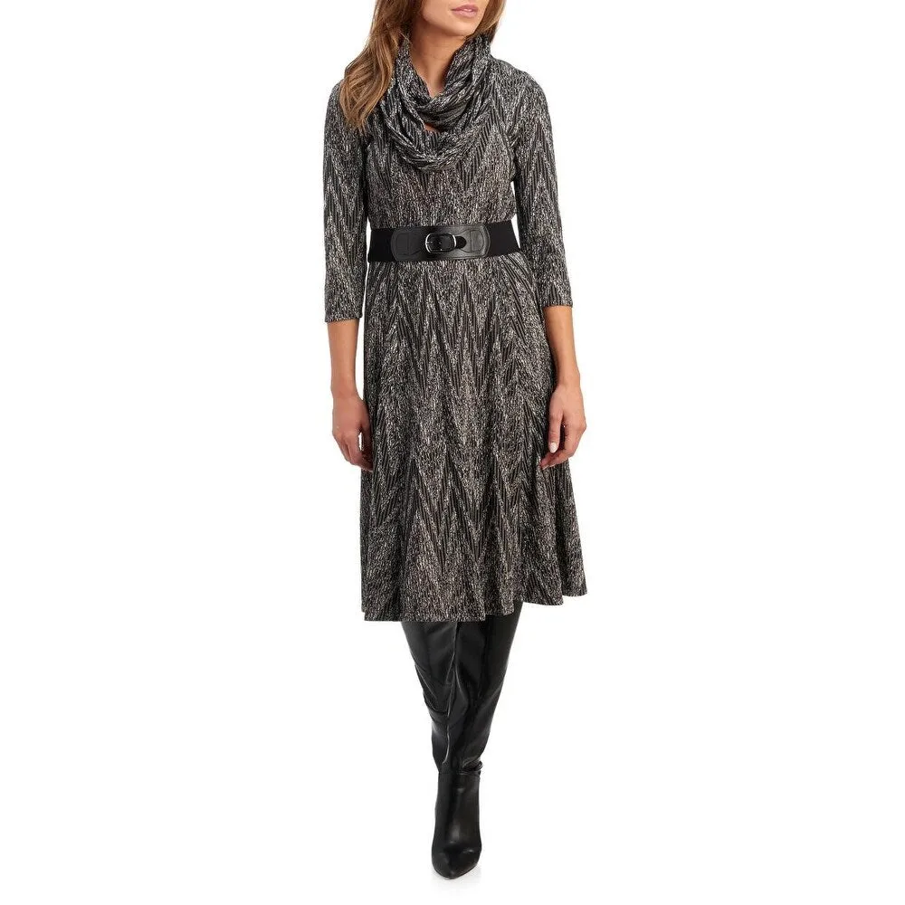 Robbie Bee Women's Printed Long Sleeve Cowl Neck MIDI Sheath Dress Gray Size Petite Medium sold by Zulily