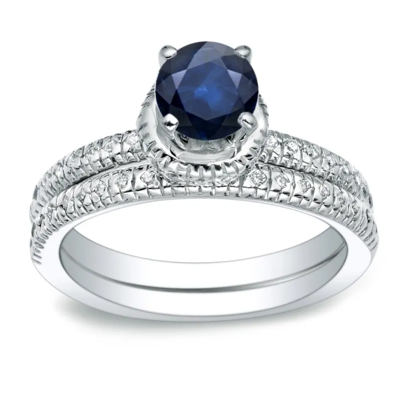 Auriya 14k Gold 3/4ct Round Blue Sapphire and 1/4ctw Diamond Engagement Ring Set sold by Zulily