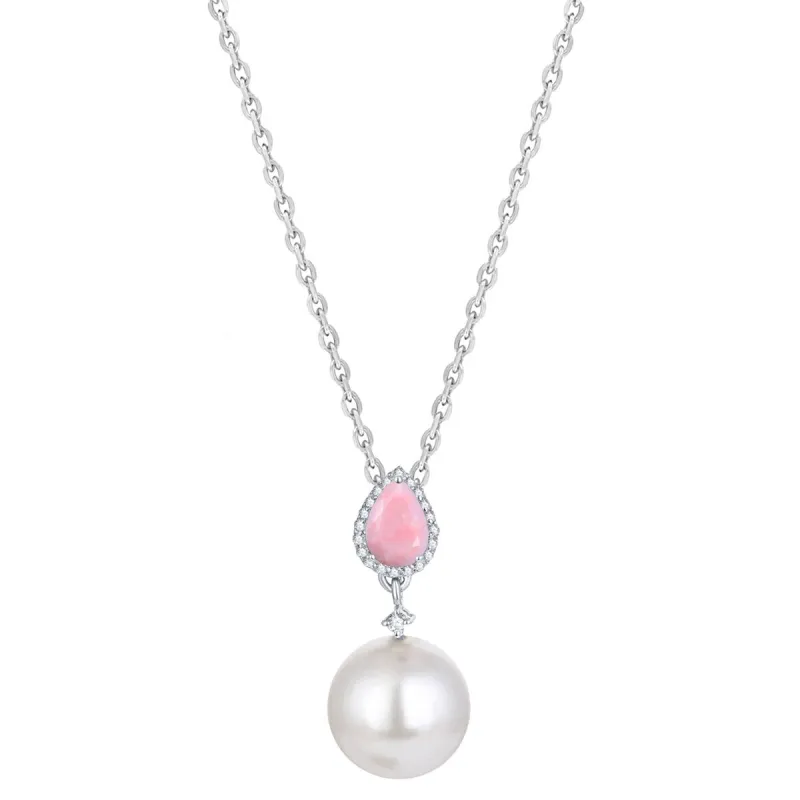 Sterling Silver Natural Pink Opal and Shell Pearl Halo Drop Pendant sold by Zulily