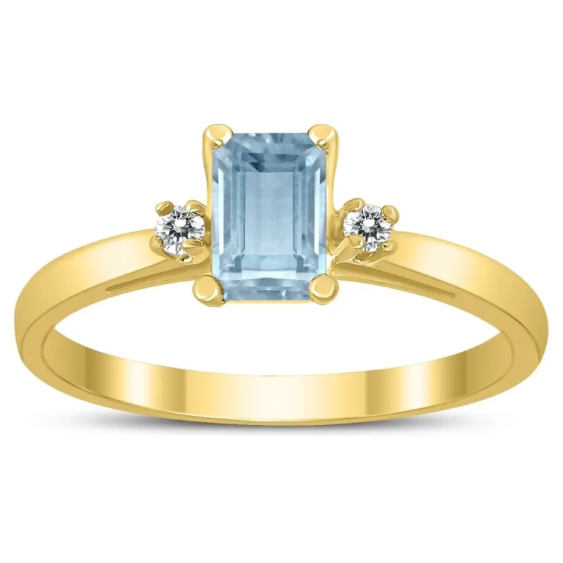 Emerald Cut 6X4MM Aquamarine and Diamond Three Stone Ring in 10K Yellow Gold sold by Zulily