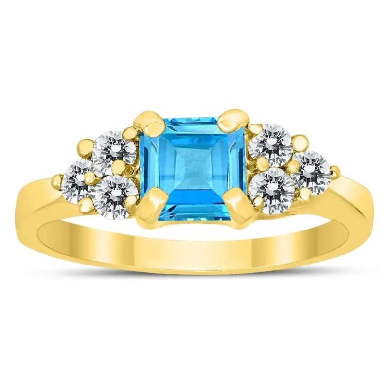 Princess Cut 6X6MM Blue Topaz and Diamond Duchess Ring in 10K Yellow Gold sold by Zulily