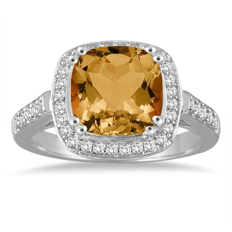 3 1/2 Carat Cushion Cut Citrine and Diamond Ring in 14K White Gold sold by Zulily