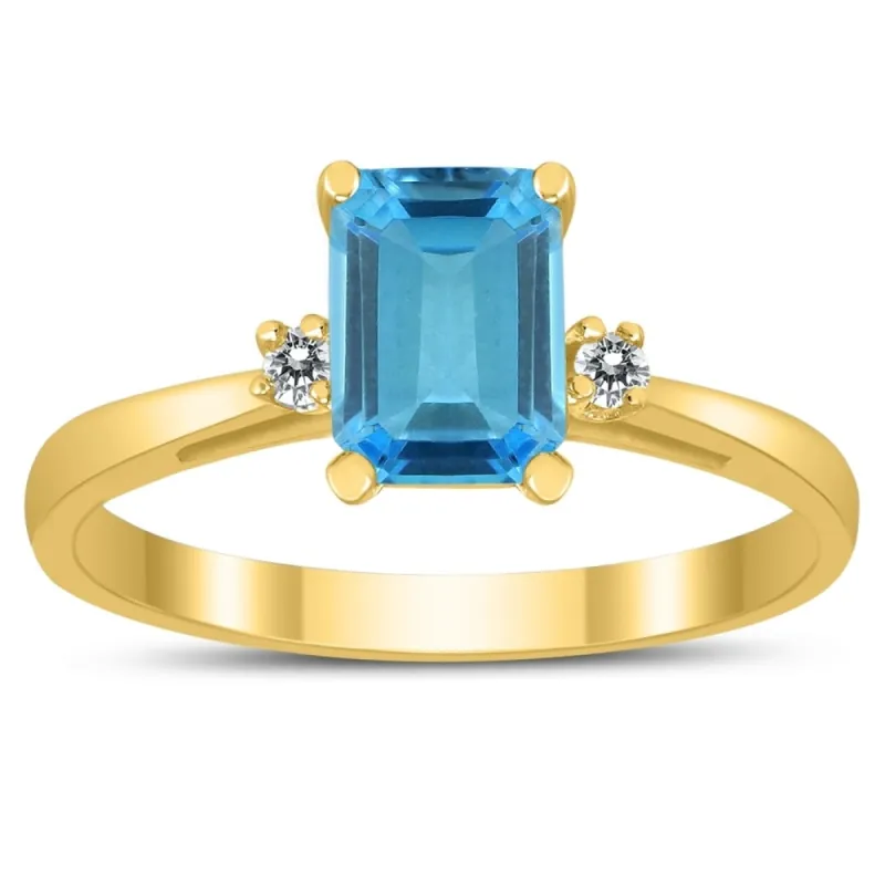 Emerald Cut 7X5MM Blue Topaz and Diamond Three Stone Ring in 10K Yellow Gold sold by Zulily