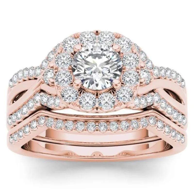 De Couer 14k Rose Gold 1 1/4ct TDW Diamond Halo Engagement Ring Set with One Band sold by Zulily
