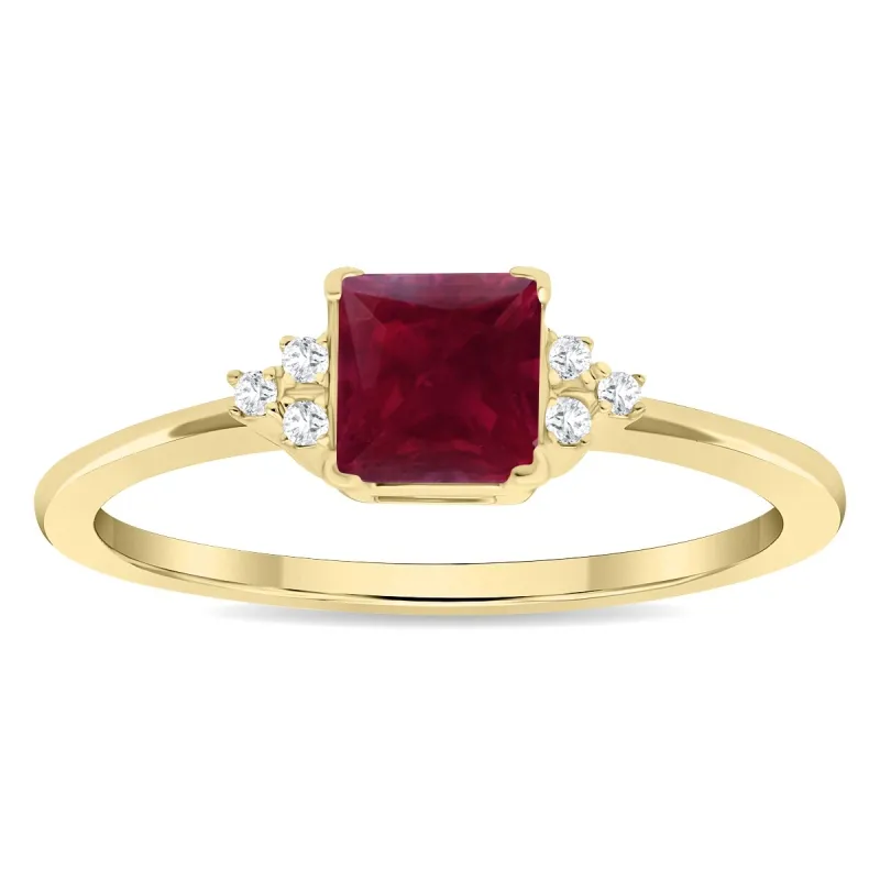 Women's Square Shaped Ruby and Diamond Half Moon Ring in 10K Yellow Gold sold by Zulily