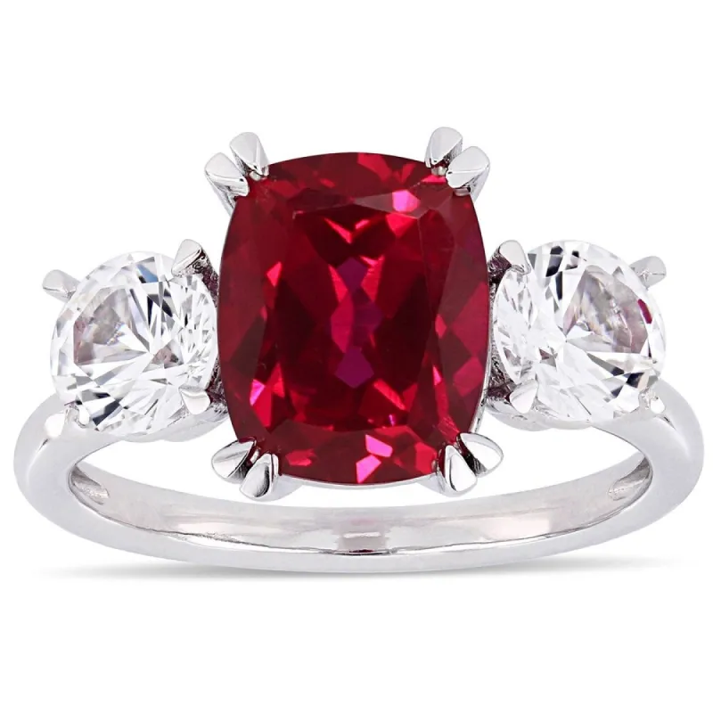 Miadora 10k White Gold Created Ruby and Created White Sapphire Cushion 3-Stone Engagement Ring sold by Zulily