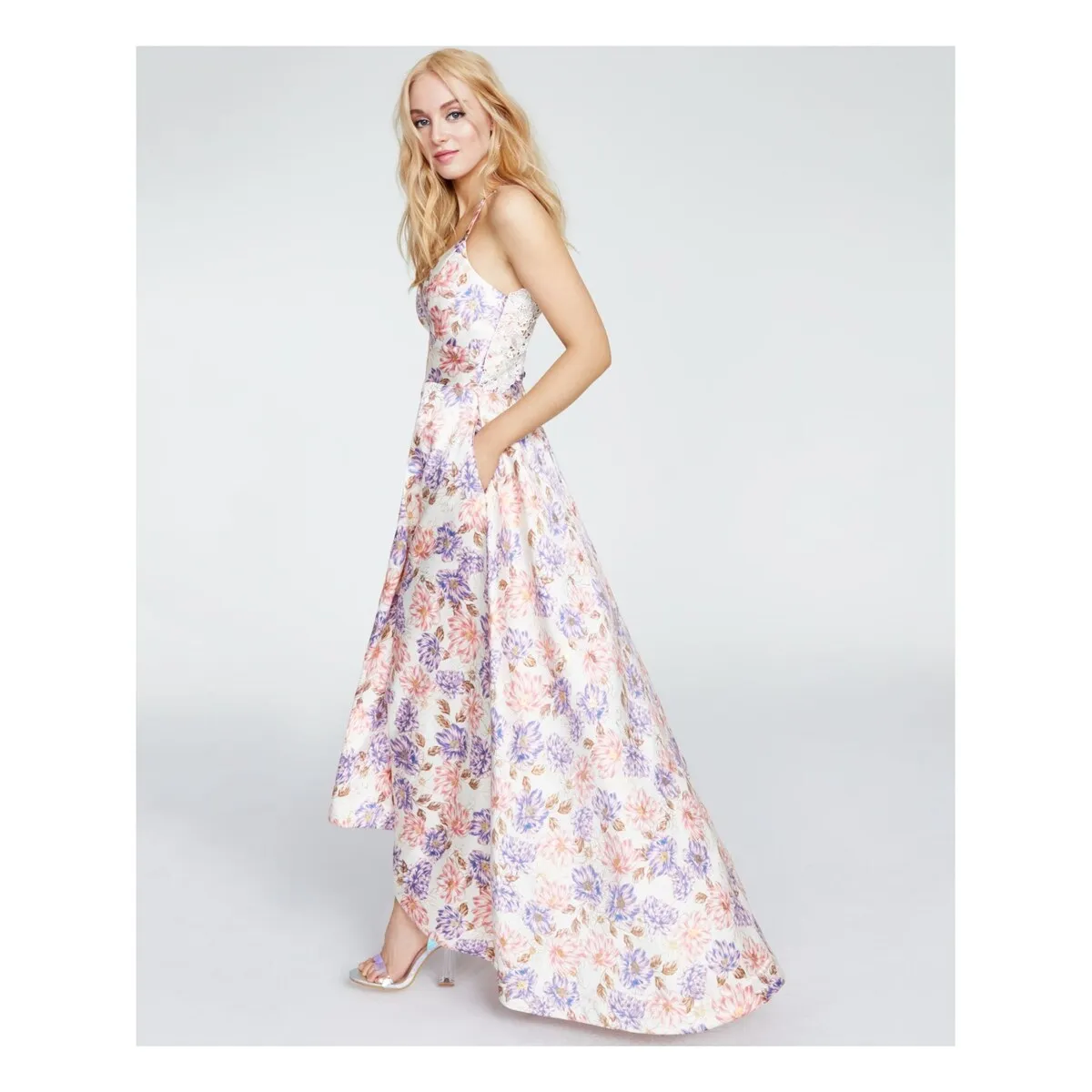 Speechless Women's Pocketed Floral Spaghetti Strap Sweetheart Neckline Full Length Fit Flare Formal Dress White Size 1 sold by Zulily product image thumbnail 3